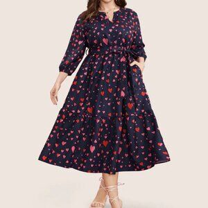 Heart Print V Neck Pocket Belted Lantern Sleeve Ruffles Dress